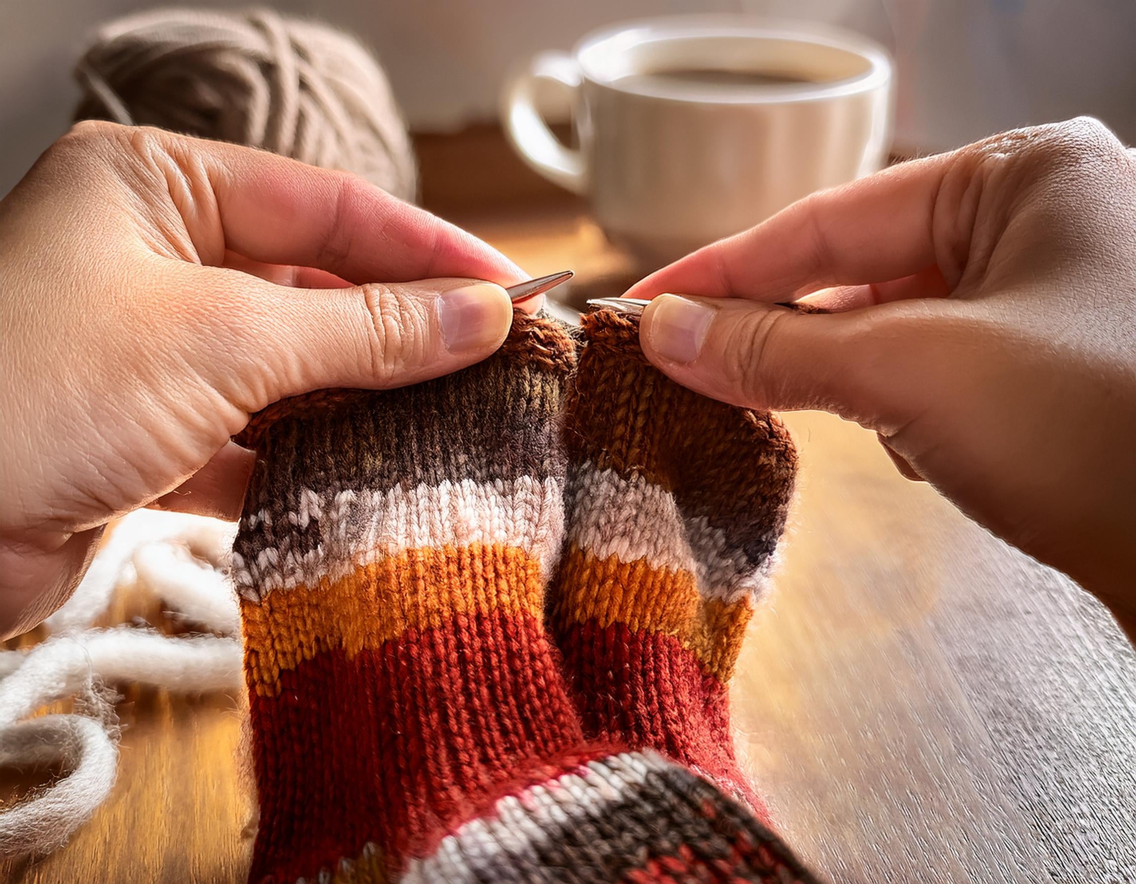 Schafwollsocken die gerade gestrickt werden