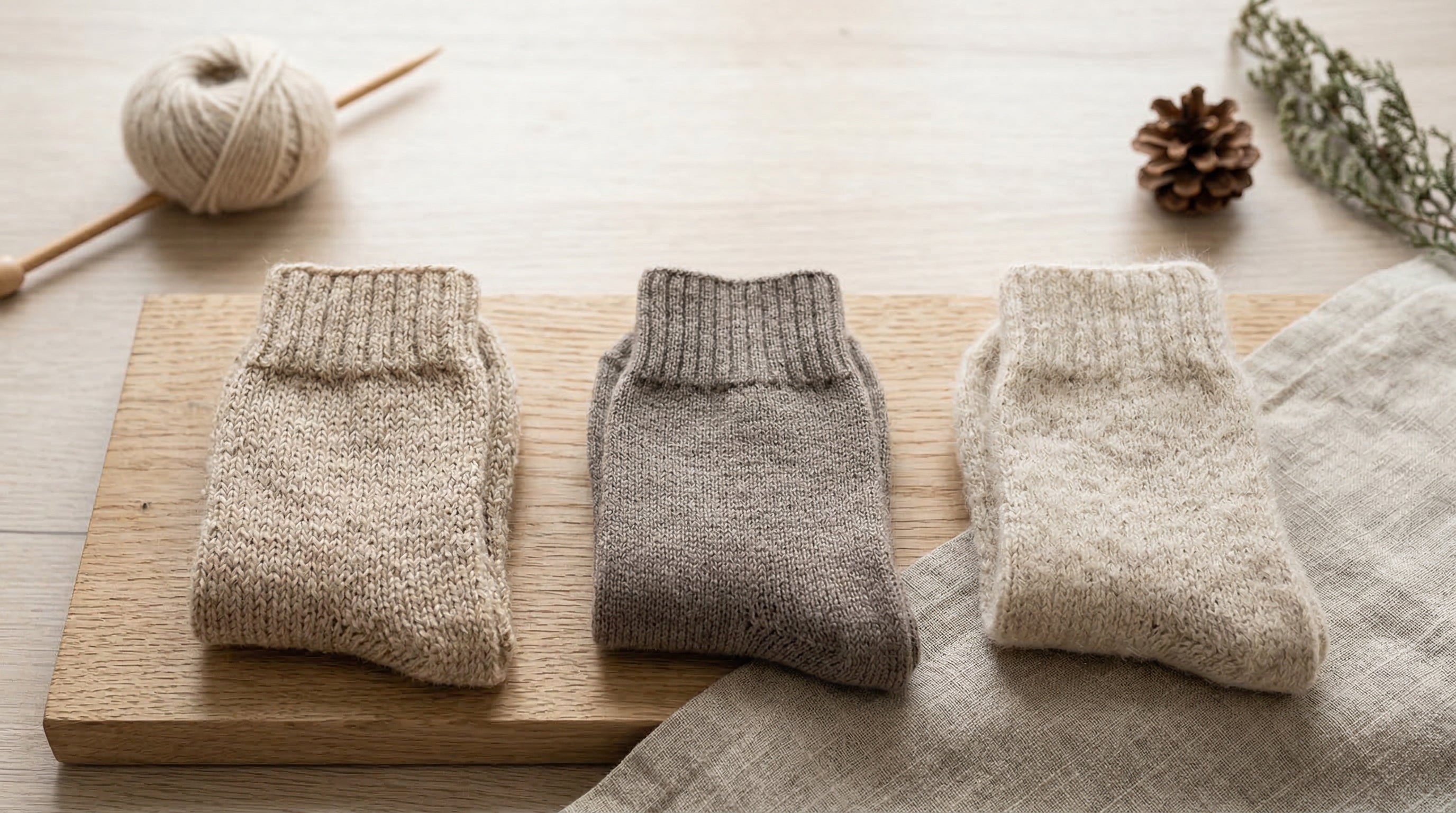 Drei Wollsocken in Naturtönen auf Holzbrett mit Wollknäuel als Symbolbild für Wollarten bei Socken