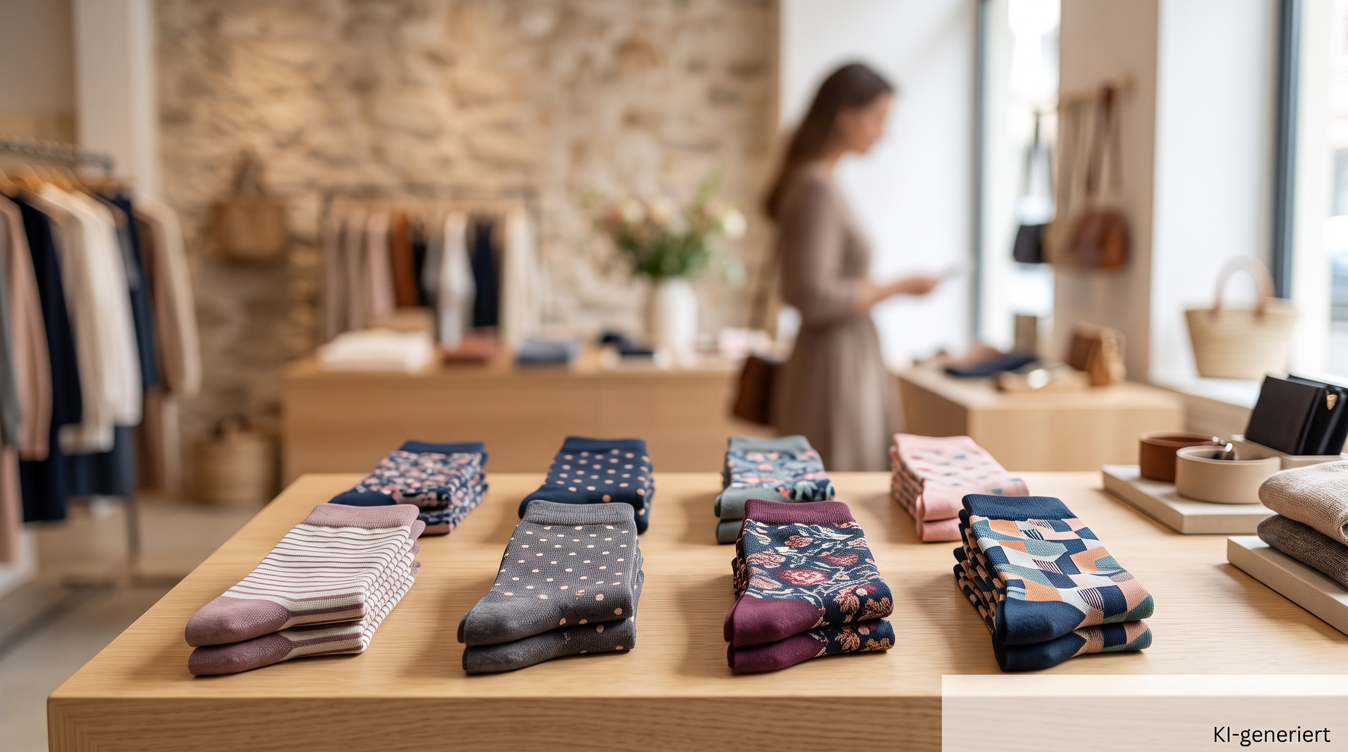 Bunte Socken für Damen mit Streifen, Punkten und modernen Mustern in einer Boutique