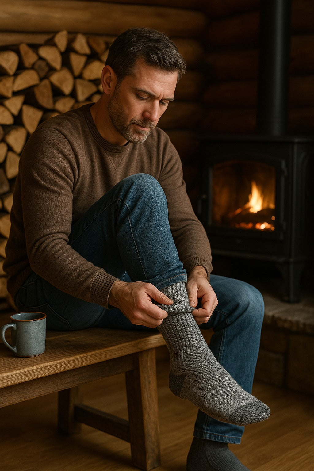 Mann in Holzhütte zieht graue Thermosocken über, Kaminfeuer im Hintergrund, warme Thermo Socken für Herren
