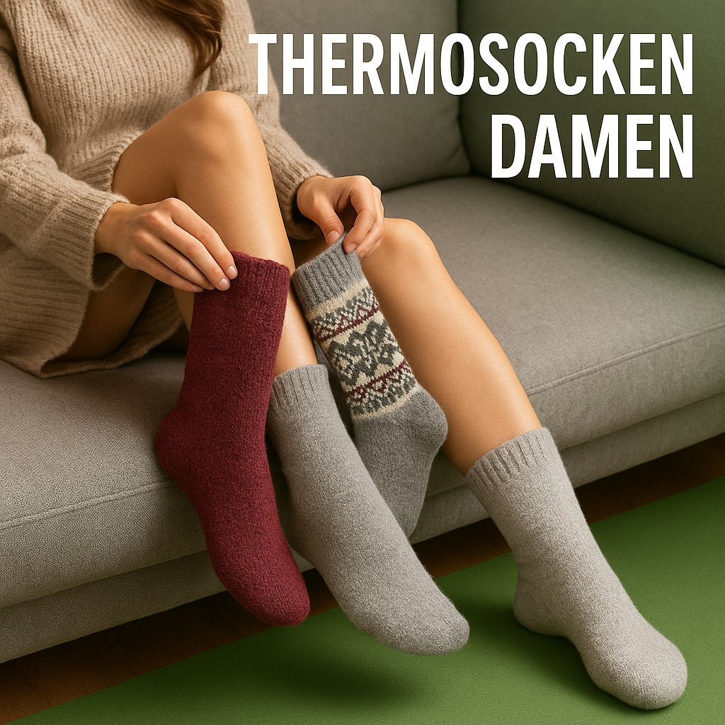 Thermosocken Damen in einer winterlichen Outdoor-Szene, getragen auf einer Holzbank vor einer Hütte. Die dicken Thermo Socken bieten optimalen Schutz vor der Kälte und sind ideal für den Einsatz im Winter.