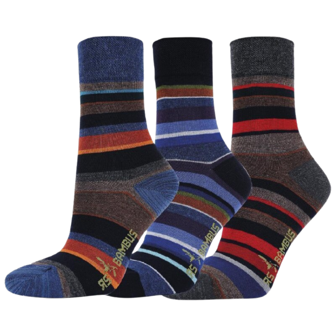 3-15 Paar Bambus Viskose Socken in Herbstfarben mit modernem Ringelmuster, verstärkter Ferse und Softrand ohne Gummi. Drei verschiedene Farbkombinationen mit blauen, schwarzen und grauen Streifen.