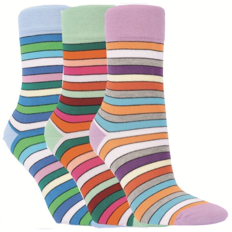 Auf dem Bild siehst du 3 Bambus Viskose Ringelsocken für Damen in zarten Pastelltönen.
