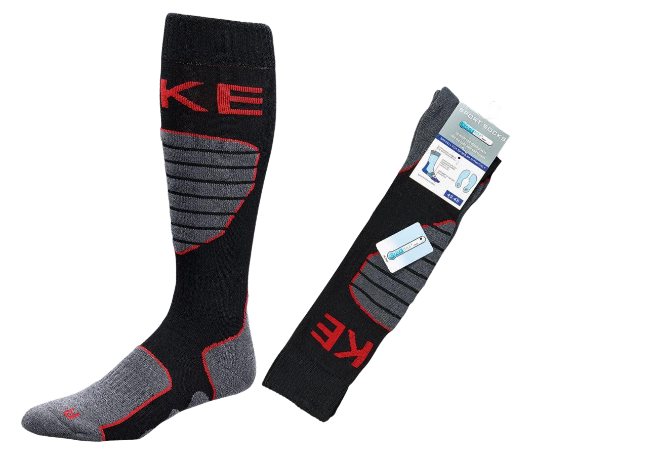 Biker Motorradsocken COOLMAX knielang: Hochwertige schwarze Funktionssocken mit roten und grauen Streifen, gepolsterte Sohle und Schienbeinbereich, anatomisch geformter Rippenstrick für optimalen Halt und Komfort beim Motorradfahren