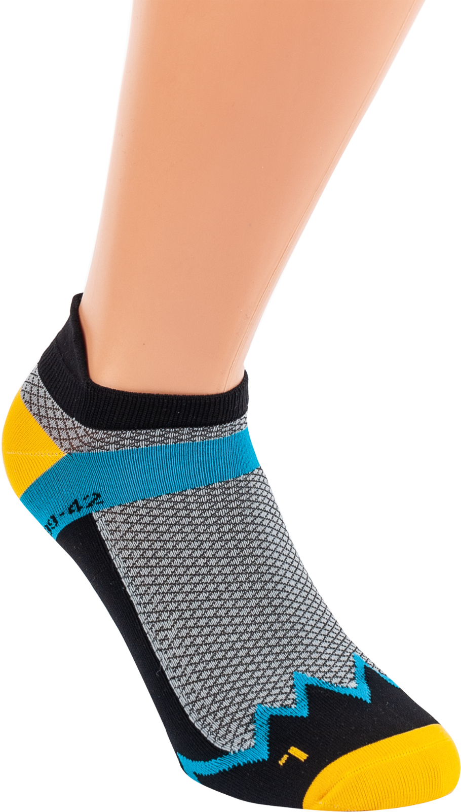 Klettersocken Climbing Socks in grau mit blau-gelben Akzenten, atmungsaktive Sportsocken mit flacher Naht und Mesh-Struktur für optimalen Halt beim Klettern und Bouldern, verfügbar in verschiedenen Größen.