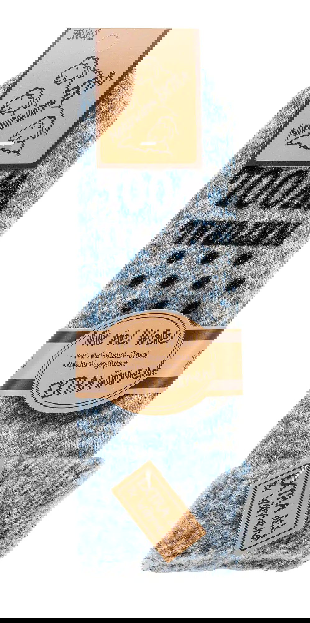 Wolle Thermo ABS Socken Home Socks in blau-grau meliert mit Anti-Rutsch-Noppen, Produktverpackung mit Schafslogo und Qualitätshinweisen, warmhaltende Wintersocken für Damen und Herren