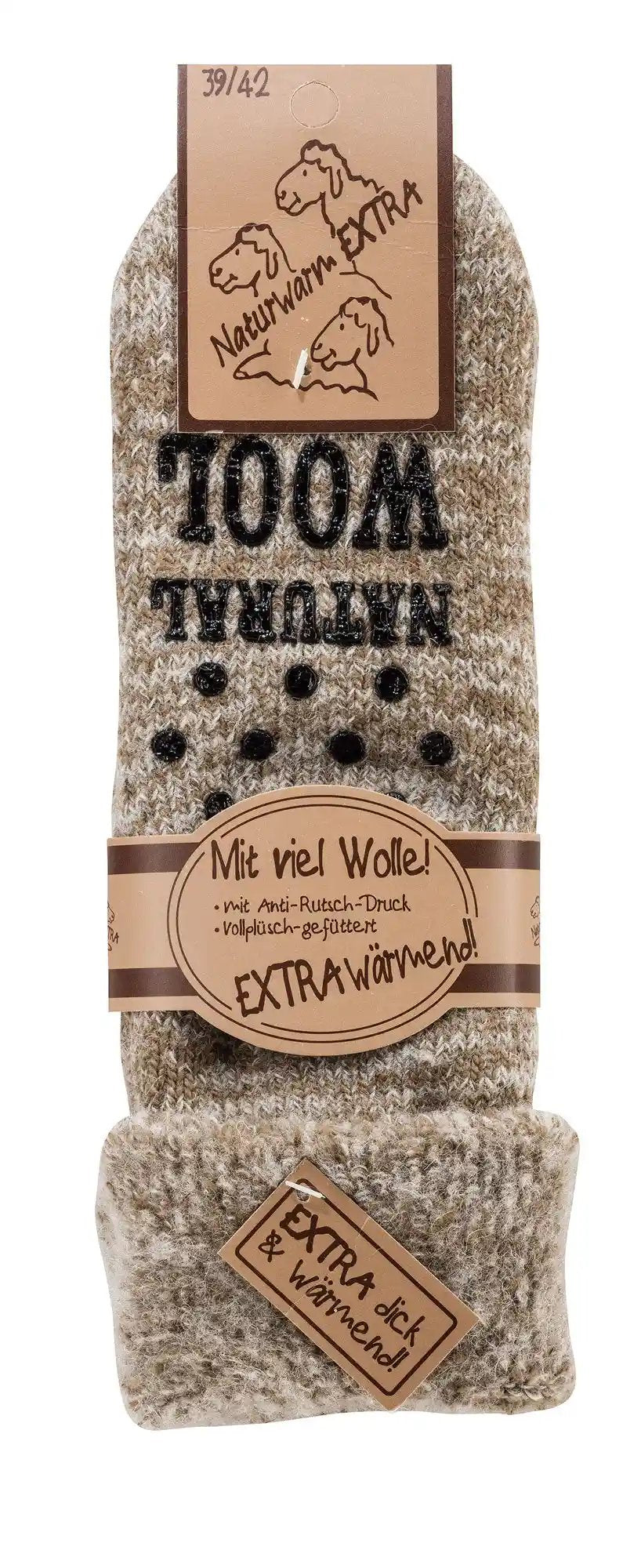 Wolle Thermo ABS Socken Home Socks in grau-meliert mit Anti-Rutsch-Noppen, Produktverpackung und Label zeigt Extra Warme Qualität mit hohem Wollanteil für maximalen Komfort