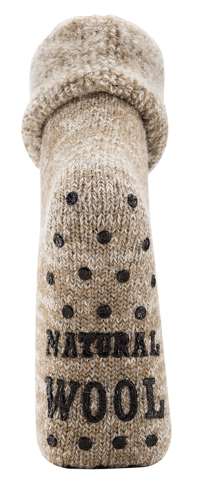 Wolle Thermo ABS Socken, beige warme Wollsocken mit rutschfester ABS-Sohle und Natural Wool Aufdruck, gestrickte Haussocken mit Punkt-Muster und umgeschlagenem Schaft