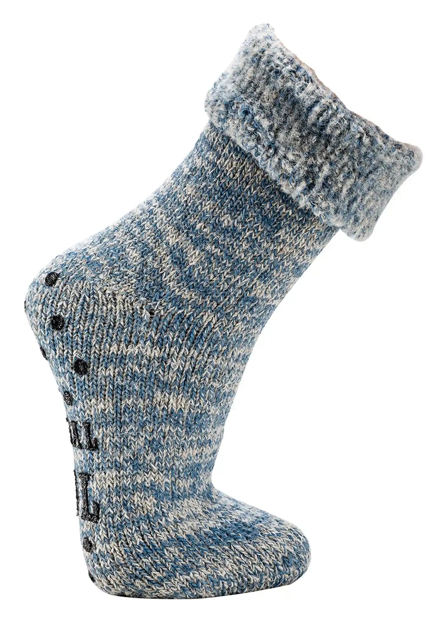65% Wolle Thermo ABS Socken in blau-grau meliert mit rutschfestem ABS-Druck, warmem Umschlag und gemustertem Strick, ideal als warme Haussocken für kalte Tage