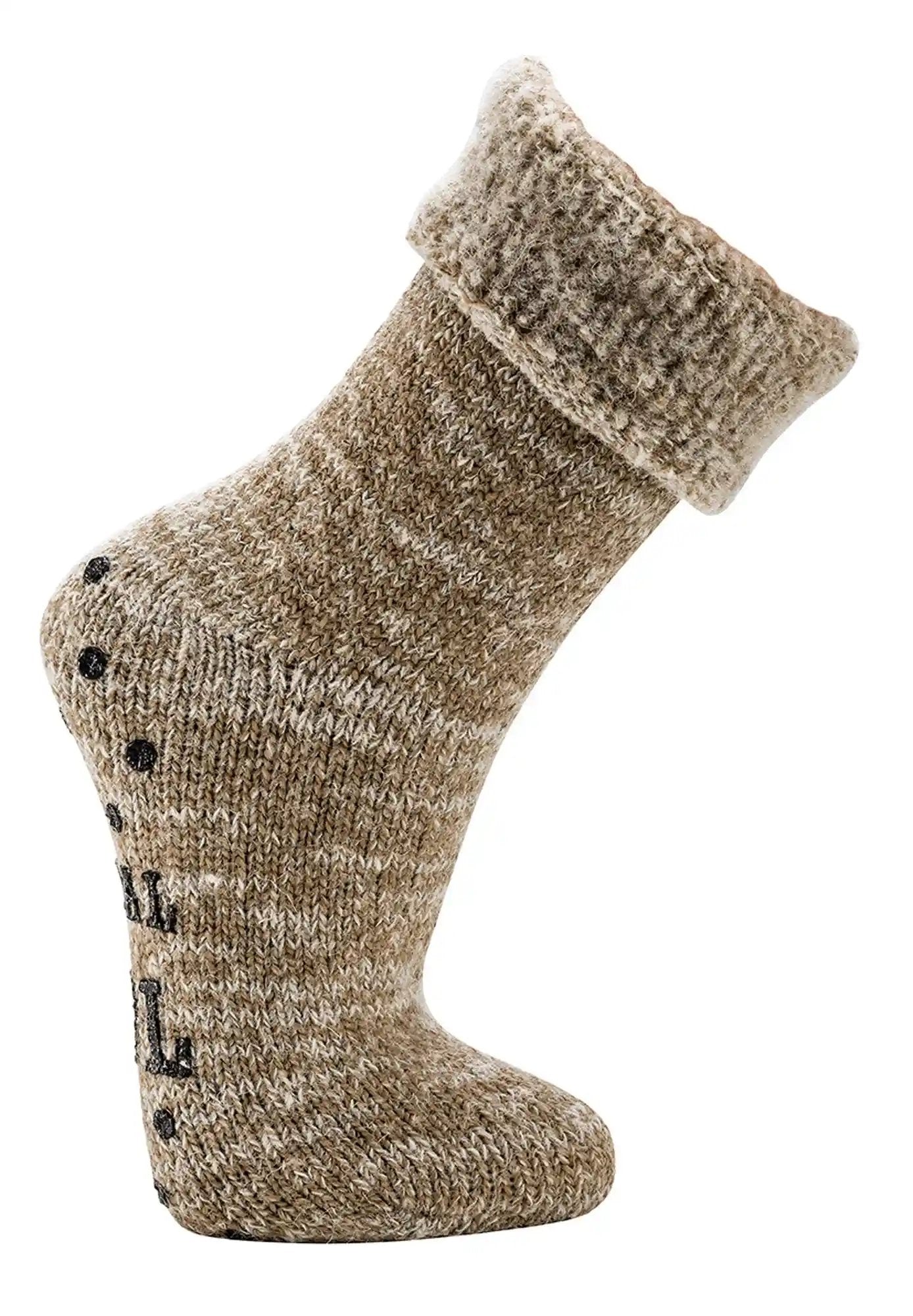 Wolle Thermo ABS Socken Home Socks: Dicke beige melierte Wollsocke mit umgeschlagenem Bund und rutschfester ABS-Sohle, fotografiert in Seitenansicht auf weißem Hintergrund