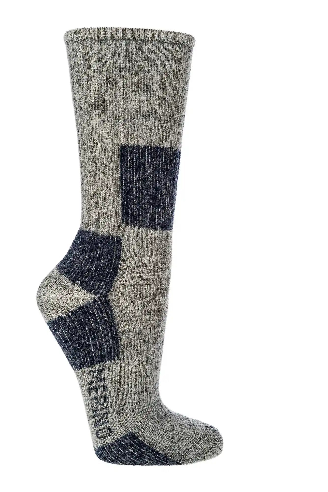85% Merinowolle Trekkingsocken in grau und dunkelblau mit verstärkter Ferse und Zehen, hochwertige Wandersocken für optimalen Komfort beim Outdoor-Sport und Trekking