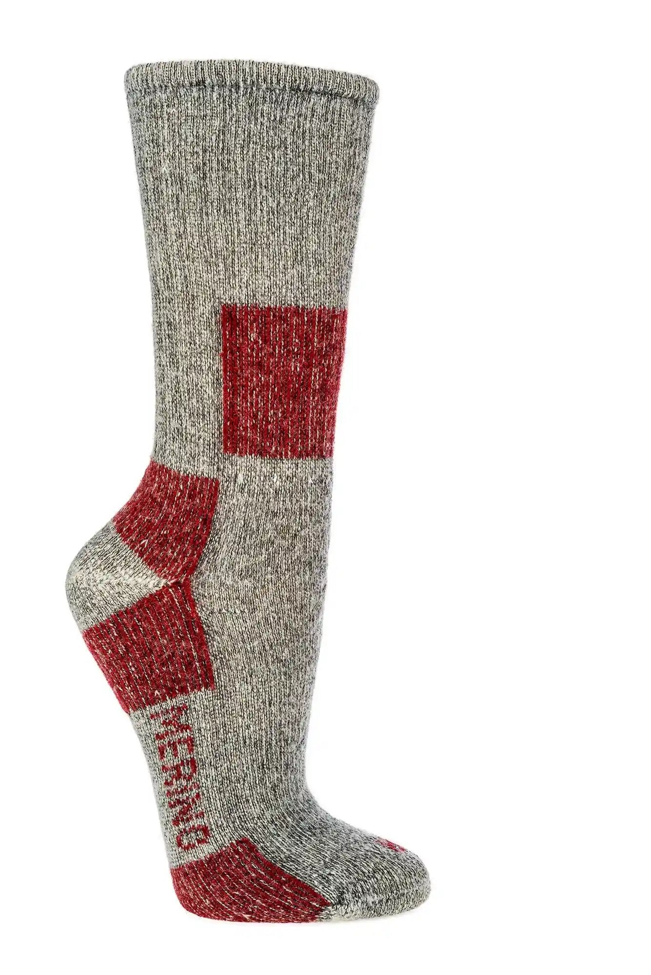 85% Merinowolle Trekkingsocken in grau-rot mit verstärkter Ferse und Zehen, anatomisch geformte Wandersocken mit hohem Schaft für optimalen Komfort bei Outdoor-Aktivitäten