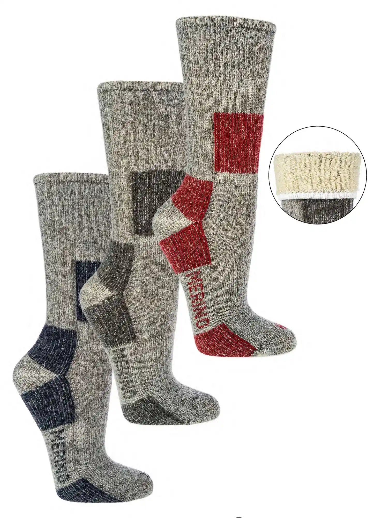 85% Merinowolle Trekkingsocken in verschiedenen Farben - graue Wandersocken mit farbigen Akzenten in Rot, Blau und Beige, hochwertige Outdoor Sportsocken mit verstärkter Ferse und Zehen für maximalen Komfort beim Wandern
