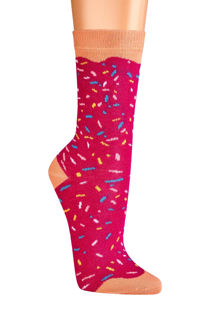 bunte Damensocken Teenagersocken im Donutdesign mit pinkem Hintergrund, apricotfarbenen Bündchen und bunten Streusel-Mustern, hochwertige Baumwollsocken mit komfortablem Sitz