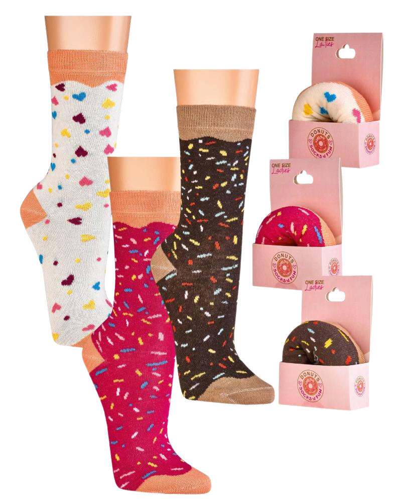 bunte Damensocken Teenagersocken im Donutdesign: Drei verschiedene Socken in Weiß, Pink und Braun mit bunten Streuseln und Verpackung im Donut-Box-Design, perfekt für Donut-Liebhaber und modebewusste Damen