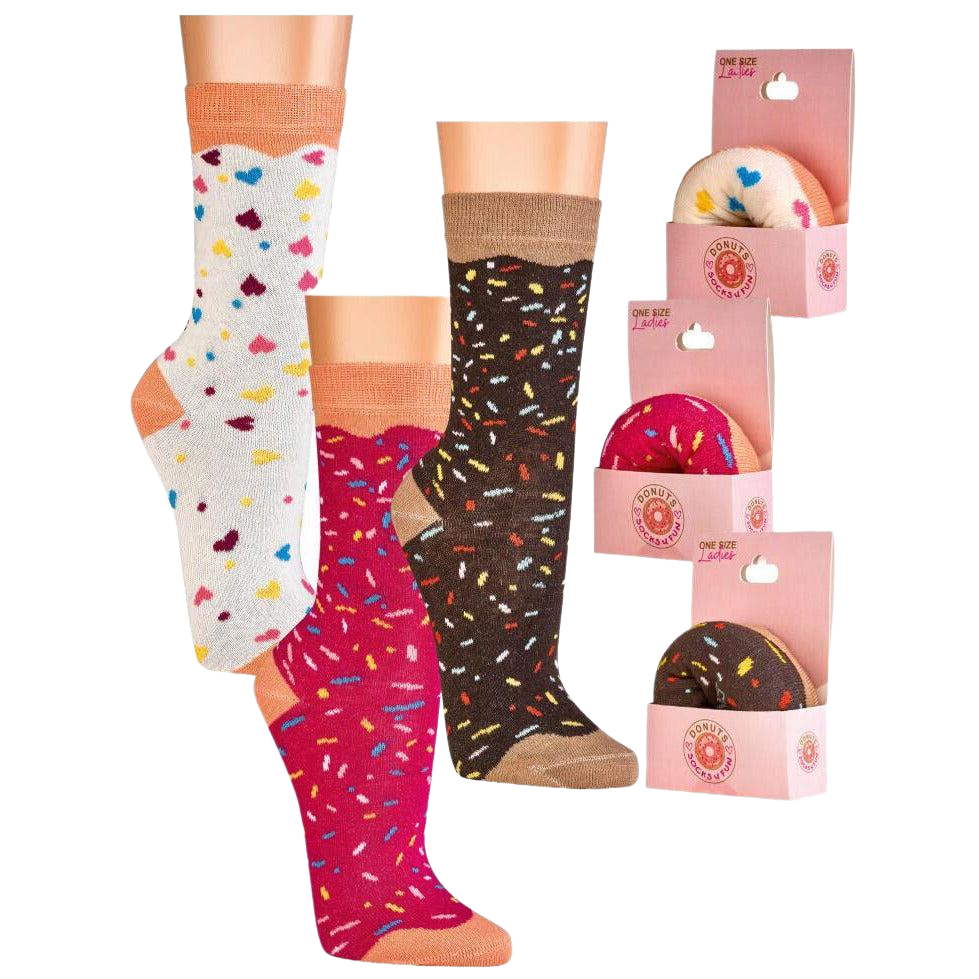 bunte Damensocken Teenagersocken im Donutdesign - Drei verschiedene Socken mit Streusel-Muster in Weiß, Rot und Braun, mit Produktverpackungen im Donut-Design, bequeme Baumwollsocken mit Komfortbund