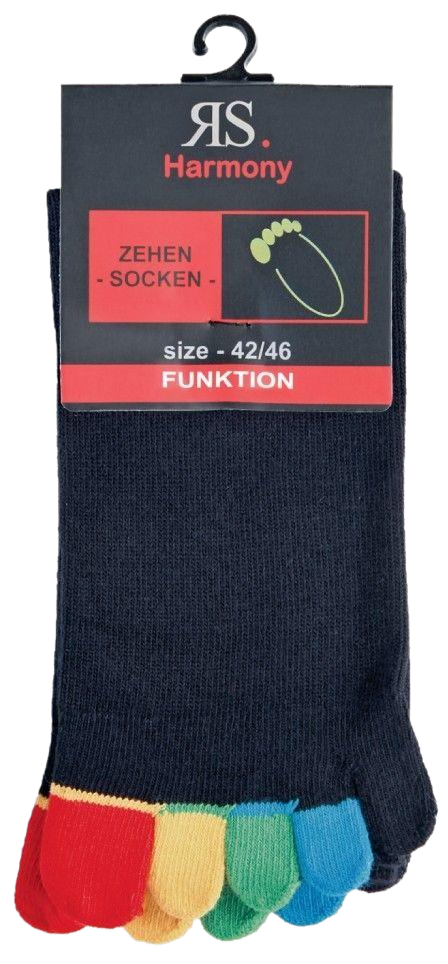 Schwarze Zehensocken mit bunten einzelnen Zehen, Größe 42/46, RS Harmony Verpackung mit Kleiderbügel, 1 bis 10 Paar Zehen Socken Damen Herren Zehensocken Socken mit einzelnen bunten Zehen