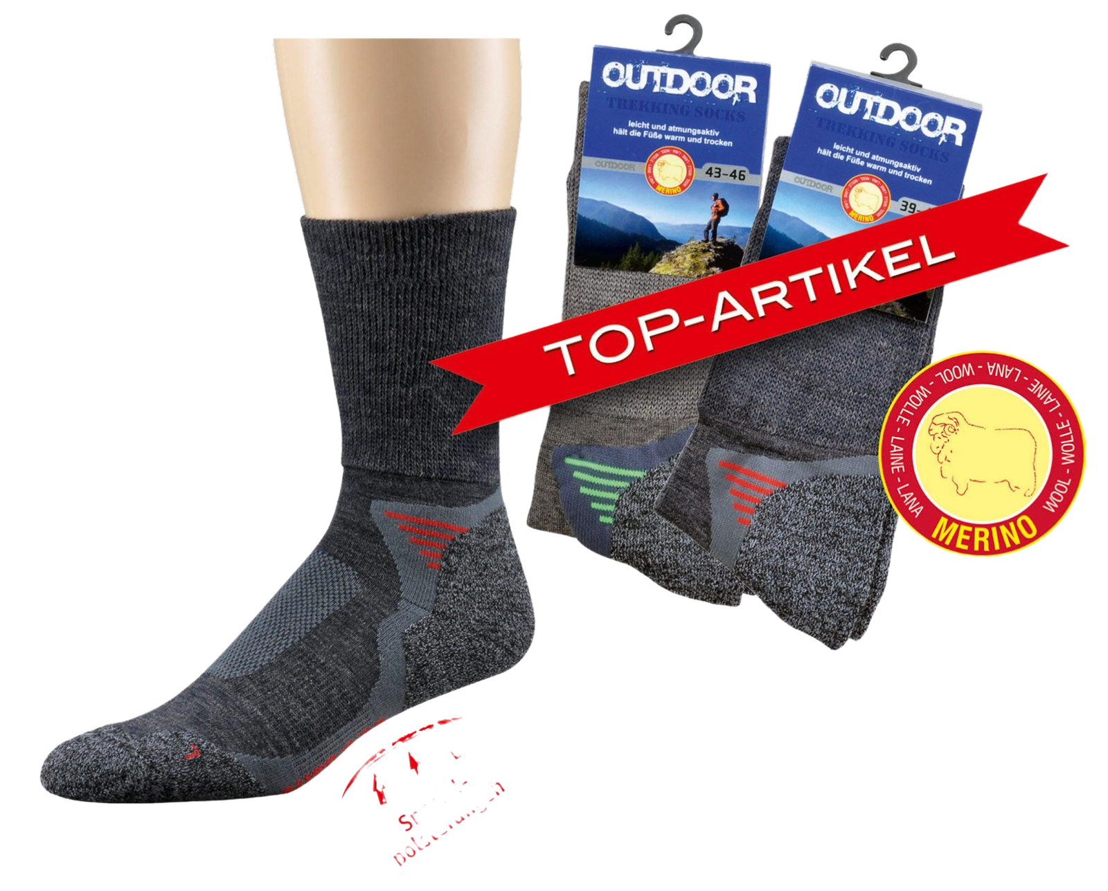 Trekkingsocken Wandersocken Outdoor mit 16% Merinowolle, gepolsterter Sohle und Sehnenprotektor, in Verpackung mit Top-Artikel Banner und Produktpräsentation am Fuß-Dummy, anthrazit und dunkeltaupe