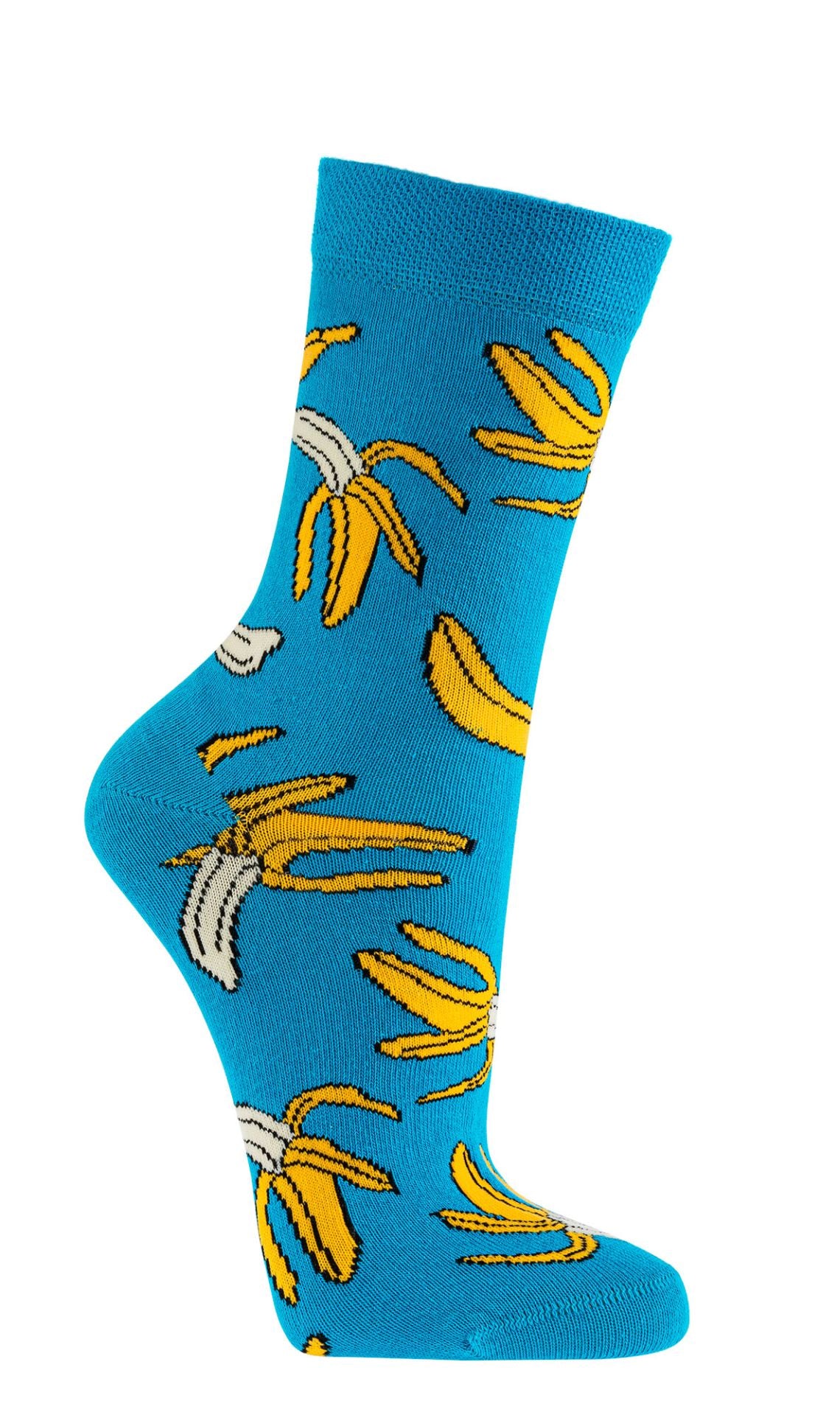 Blaue Socken mit gelbem Bananenmuster und fröhlichem Früchtedesign