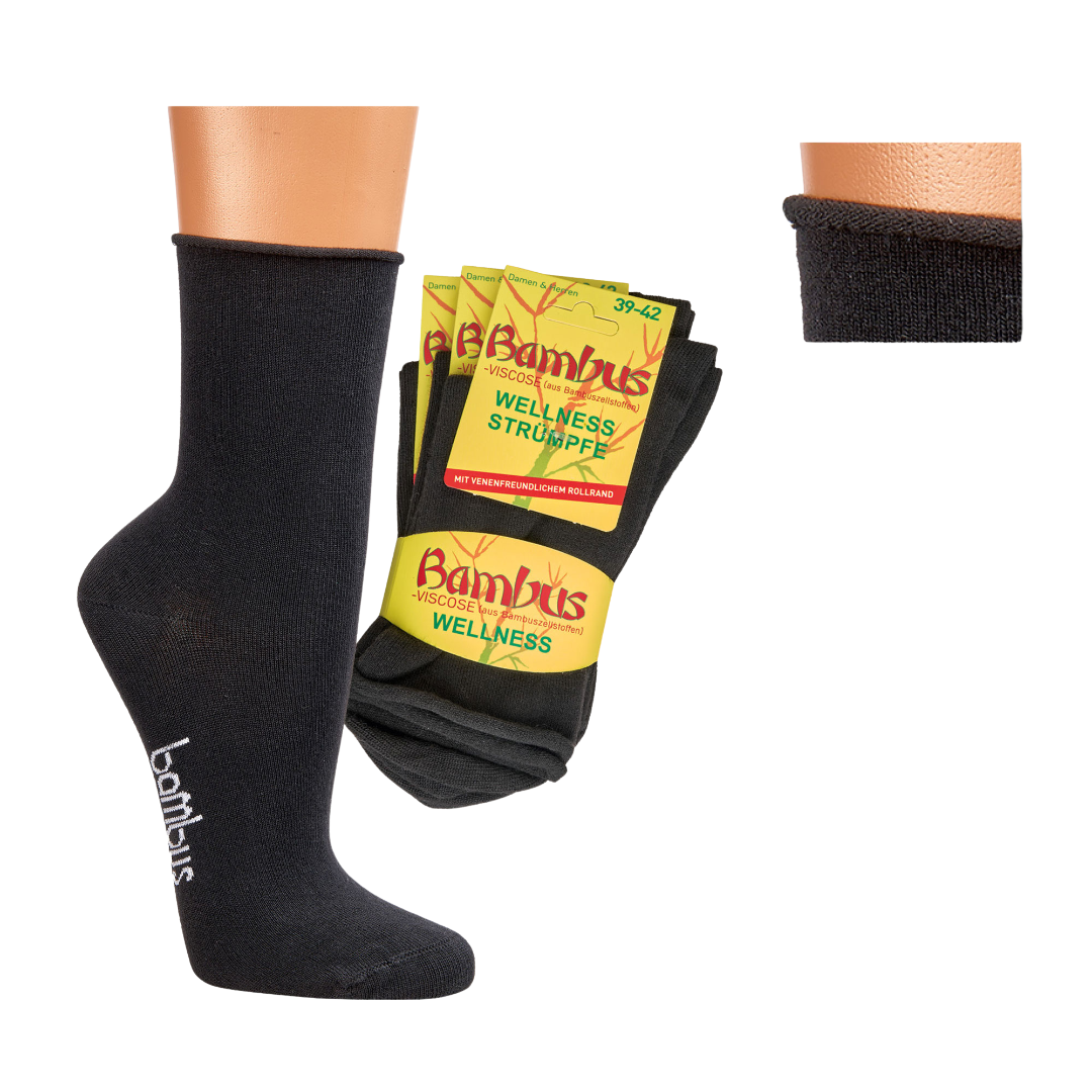 Bambus Socken mit Rollrand – schwarz ohne Gummibund