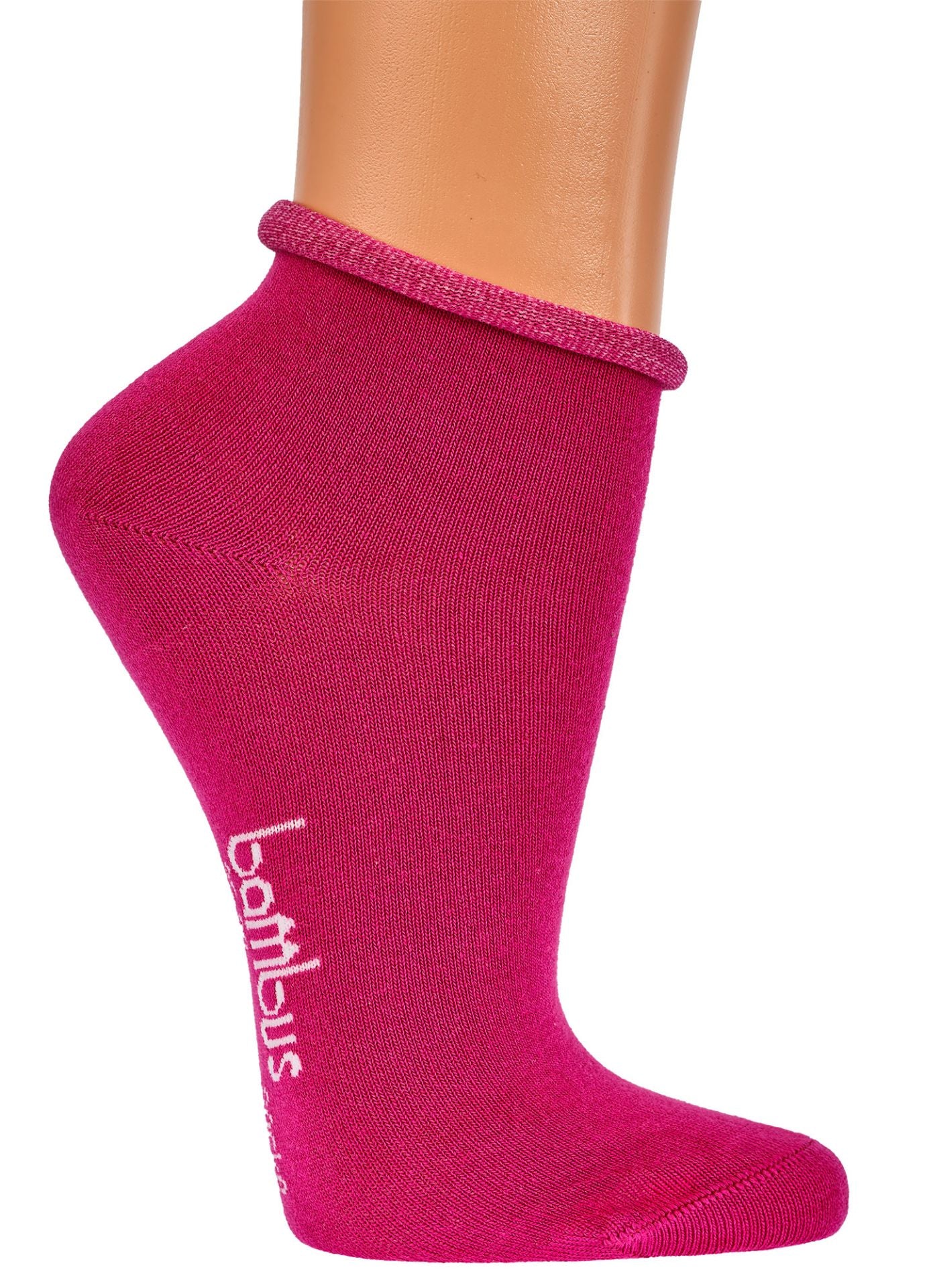 Auf dem Bild siehst du pinke Bambus Viskose Socken mit Rollrand. Bambus Schriftzug unter der Sohle.