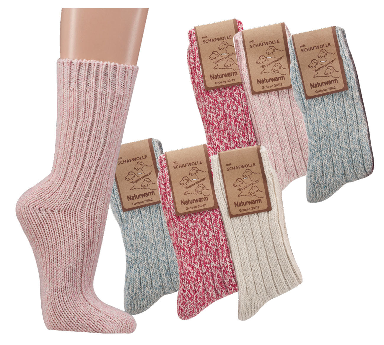 3 oder 6 Paar Norwegersocken mit Wolle - Gestrickte Damen Wollsocken in verschiedenen Pastellfarben wie Rosa, Grau und Rot, mit traditionellem Norwegermuster und Markenetikett, ideal für warme und stilvolle Wintermode