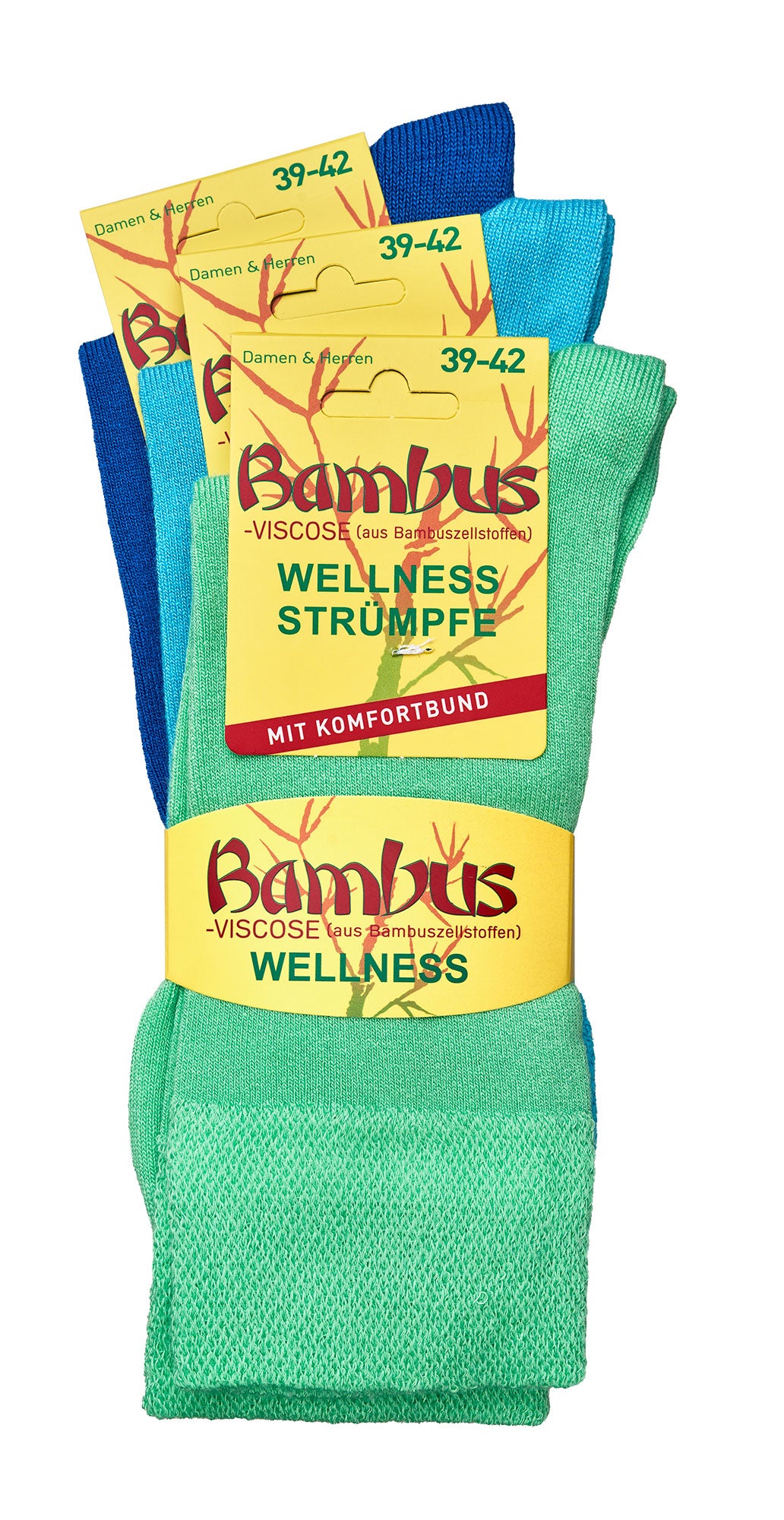3-15 Paar Bambus Viskose Socken in Pastellfarben mint, turkis und blau, Wellness-Strumpfe mit Komfortbund, Produktverpackung zeigt Bambuslogo auf gelbem Etikett