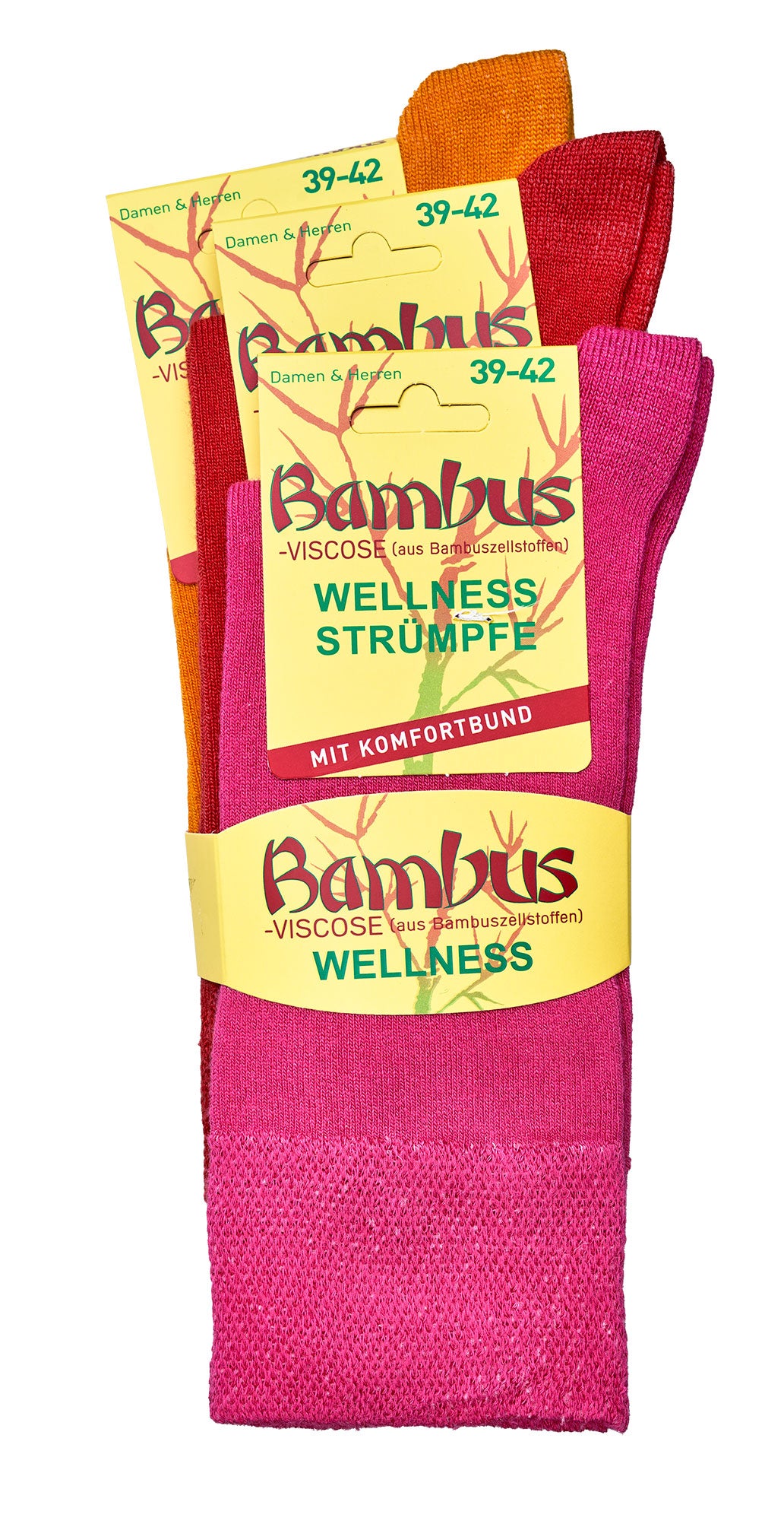Bambus Wellness Socken in leuchtenden Farben rot, orange und pink, mit Komfortbund, Größe 39-42, aus Viskose Bambus für optimalen Tragekomfort