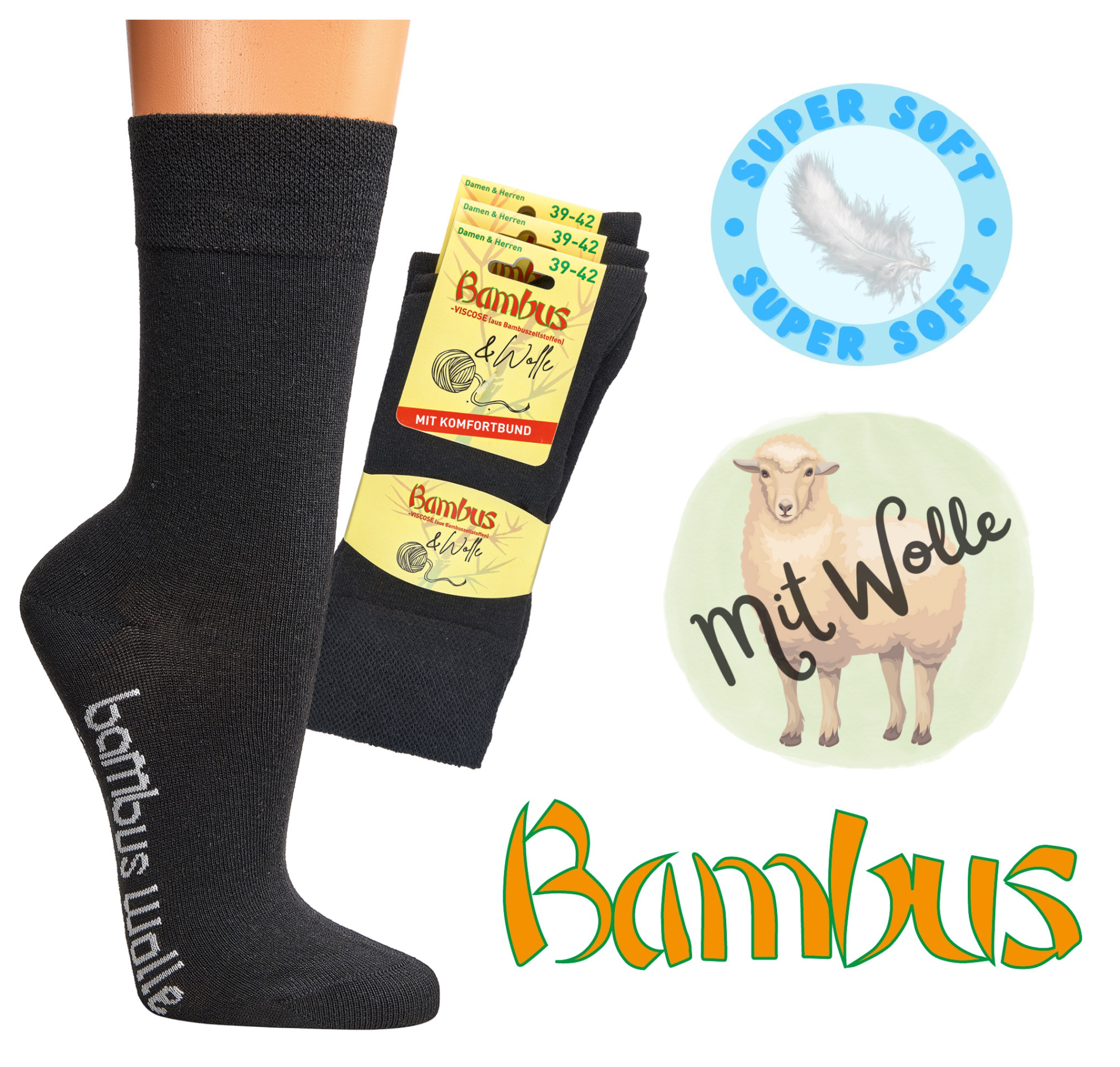 Bambus Socken schwarz mit Wolle super soft