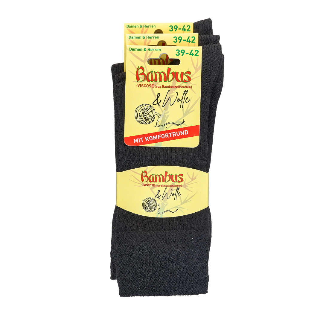 Schwarze Bambus-Viskose Socken mit Wolle und Komfortbund, verpackt in 3er-Pack, mit gelber Produktbanderole und Bambus-Logo, Größe 39-42, hochwertige Winterqualität