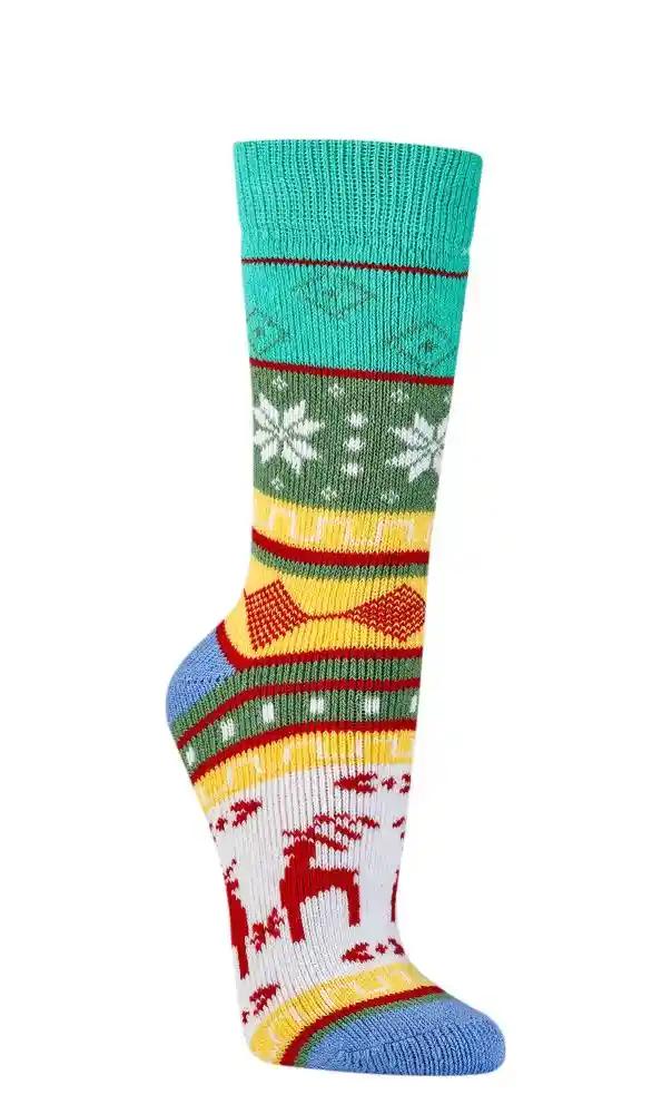 Auf diesem Bild ist die halblange Socke in den Farben türkis, weiß und mit roten rentieren abgebildet.
