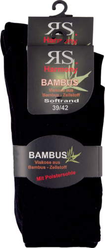 2 bis 10 Paar Bambus Viskose Socken mit Polstersohle Frotteesohle Unisex, schwarze Bambussocken in Originalverpackung mit Produktetikett und Aufhänger, zeigt Verpackungsdetails und Produktinformationen zur Größe 39/42