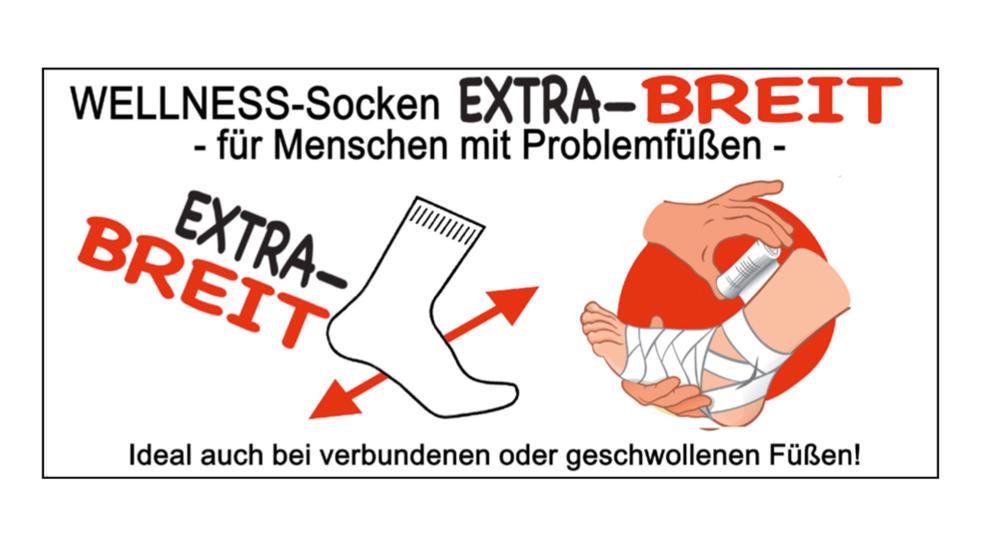 Produktbild von 2 bis 10 Paar Diabetiker Kniestrümpfen extra weit breit: Infografik zeigt eine extra breite Wellness-Socke mit Pfeilmarkierung und Illustration einer Fußbandage, ideal für Menschen mit Problemfüßen, geschwollenen oder verbundenen Füßen.