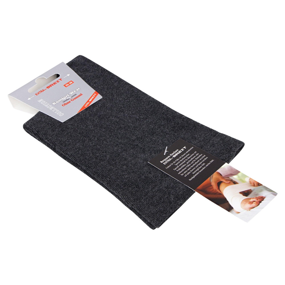 2 bis 10 Paar Diabetikersocken EXTRA-BREIT weit - foot-art - Die Socke kommt in der Farbe antrahzit und wurde weit ausgebildet, damit die Diabetikersocke weich am Fuß liegt. Das bild zeigt die Socke im Bündel mit 2 Etiketten. - - #tag1# - #tag3# - #tag4# - - #foot-art# -