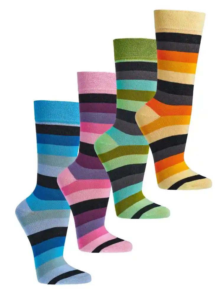 Auf dem Bild siehst du Bio Socken mit Blockstreifen, Die leuchtend bunten Farben der socken heben sich durch die schwarzen Blockstreifen super ab. Der bund ist breit