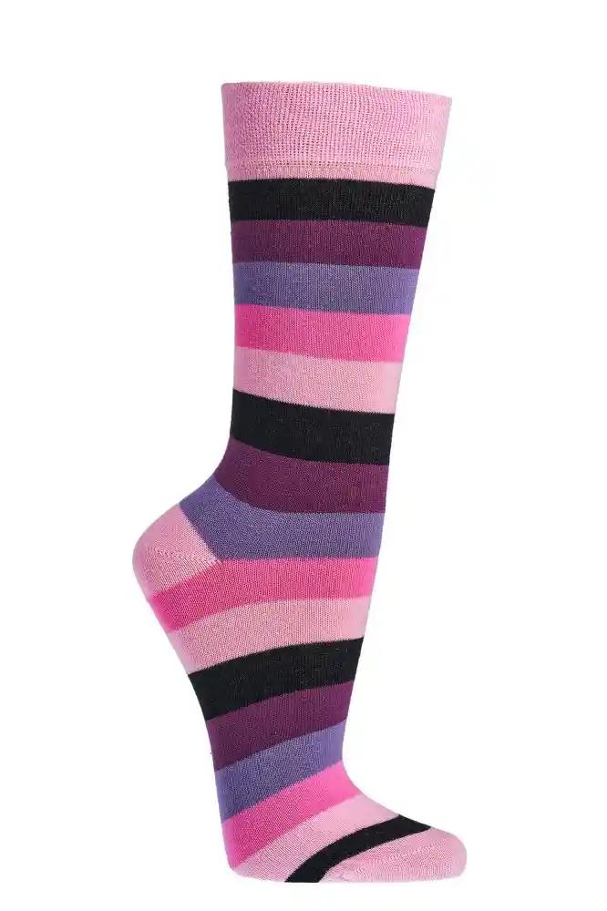 Auf dem Bild siehst du eine Einzelaufnahem von einer Socke mit Blockstreifen schwarz rosa pinl lila.
