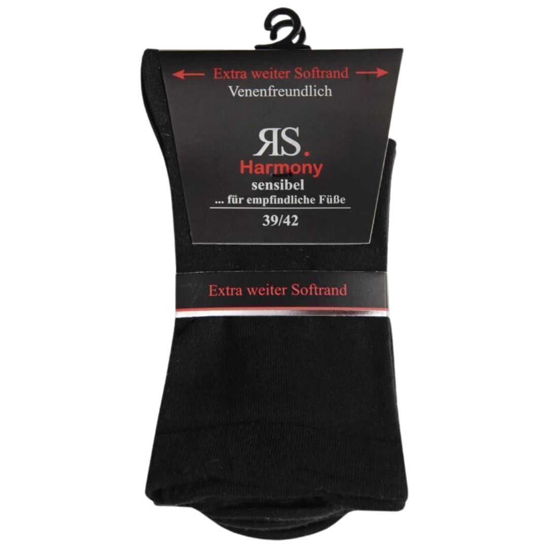 RS Harmony Sensibel Socken mit extra weitem Softrand - Schwarze Gesundheitssocken mit venenfreundlichem Softrand, Größe 39/42, verpackt in schwarzer Produktverpackung mit roter Beschriftung und RS Harmony Logo