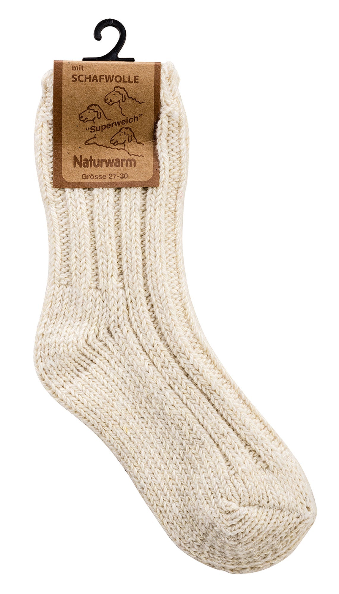 Naturwarme Schafwollsocke in cremeweiß mit gestricktem Muster, Produktetikett zeigt Schafwolle-Logo und Größenangabe 27-30, präsentiert an schwarzem Kleiderbügel