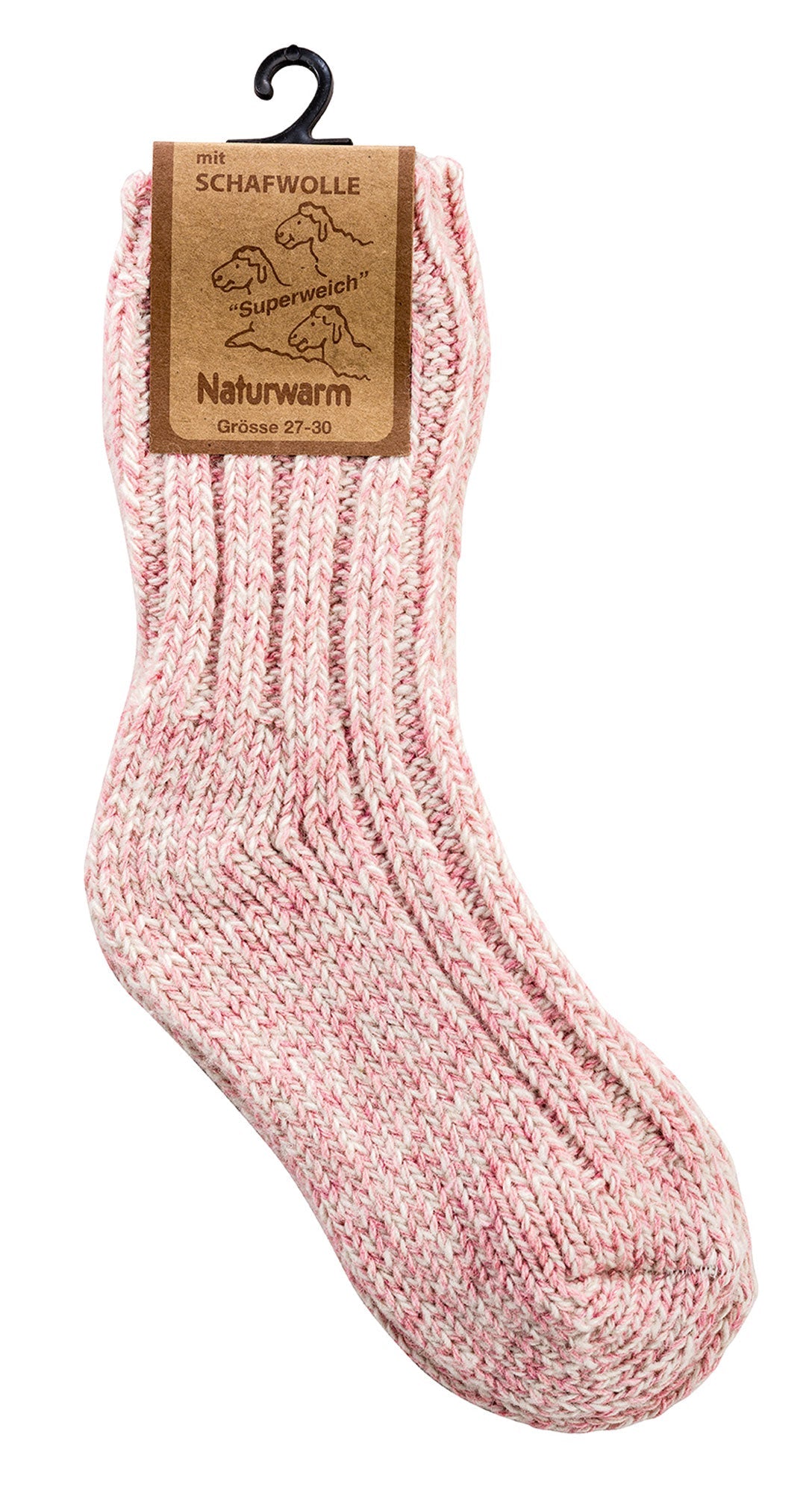 Rosa-weiss melierte Wollsocke mit Naturwarm Schafwolle Etikett am Kleiderbügel, superweich und warm für Größe 27-30