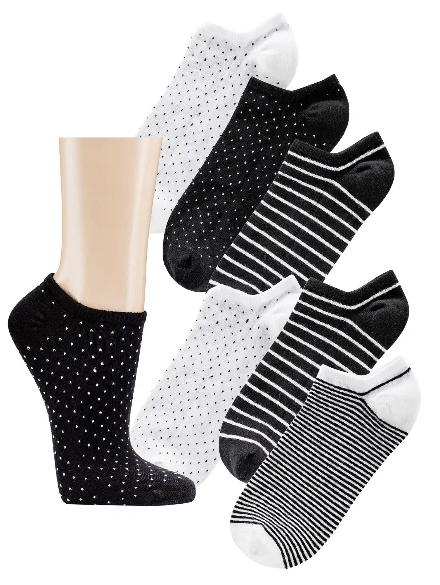 3 Paar Sneaker Socken black&white Mix, gestreift und gepunktet, schwarz und weiß assortiert