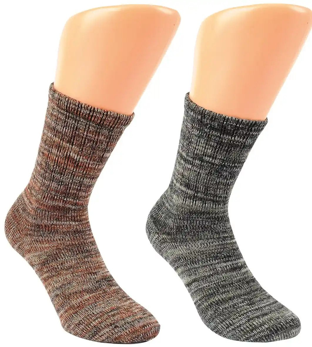 2 oder 4 Paar warme Herbst Winter Bambus Viskose Socken Unisex - Melierte Socken in Braun- und Grautönen aus Bambusviskose mit Komfortbund und flacher Zehennaht, präsentiert auf durchsichtigem Sockenhalter