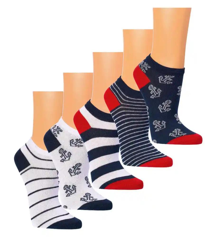 3 oder 6 Paar Bio Sneaker Socken: Maritimes Set aus Biobaumwolle mit Anker- und Streifenmustern in Weiss, Blau und Rot. Kurze Sneakersocken in verschiedenen Designs mit flacher Zehennaht und elastischem Bund für optimalen Komfort.