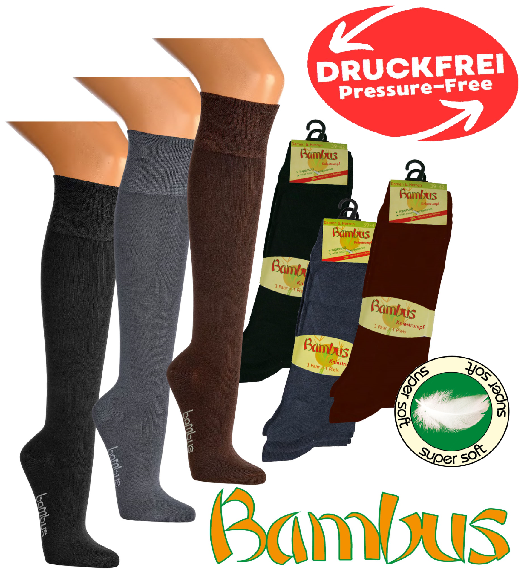 Kniestrümpfe aus Viskoe schwarz, braun und grau. Druckfrei und super soft.