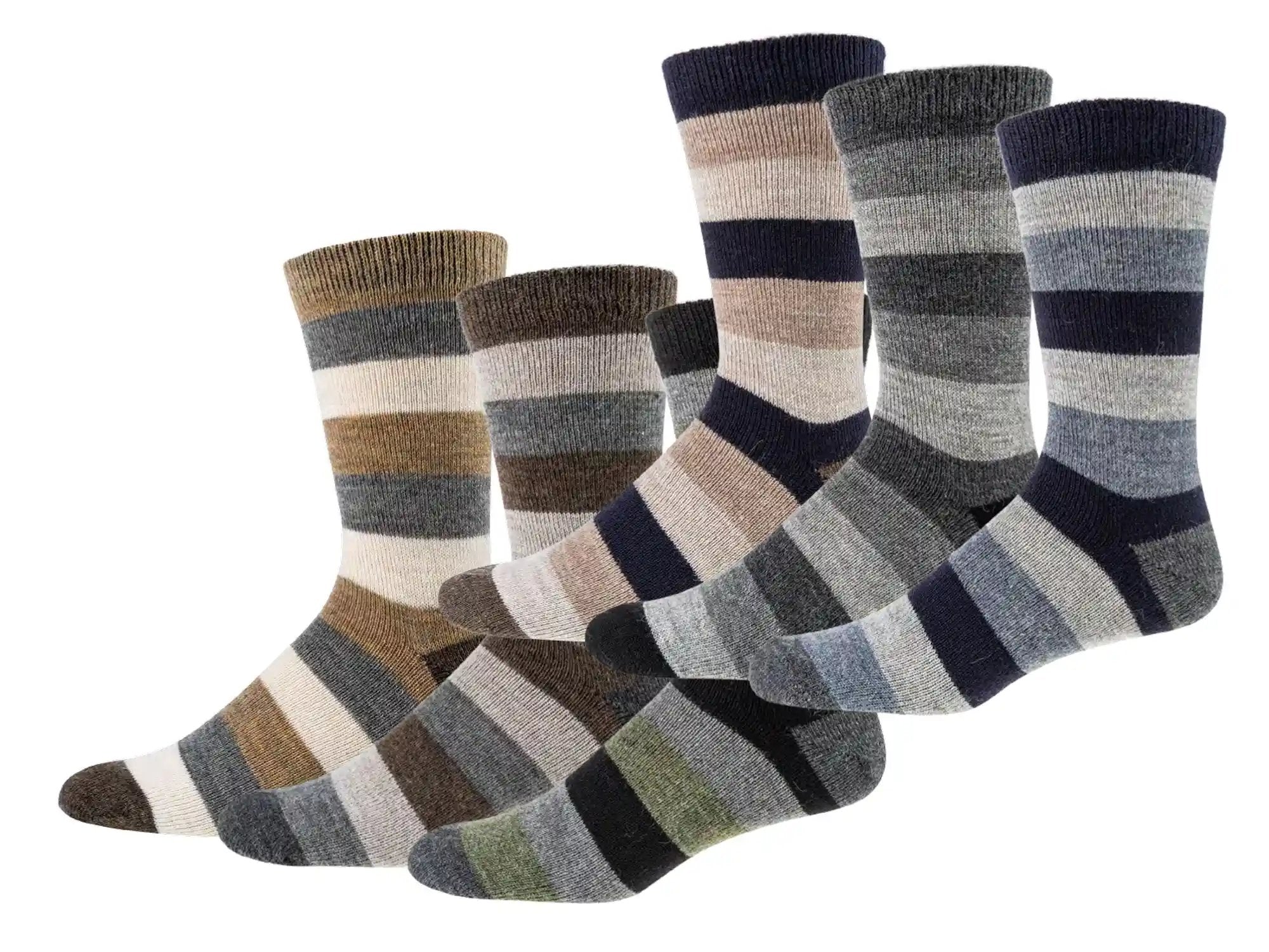 3 oder 6 Paar warme Wollsocken mit Alpaka und Schafwolle in gestreiften Naturfarben - komfortable Streifen-Socken in verschiedenen Grau-, Braun- und Beigetönen, nebeneinander liegend präsentiert