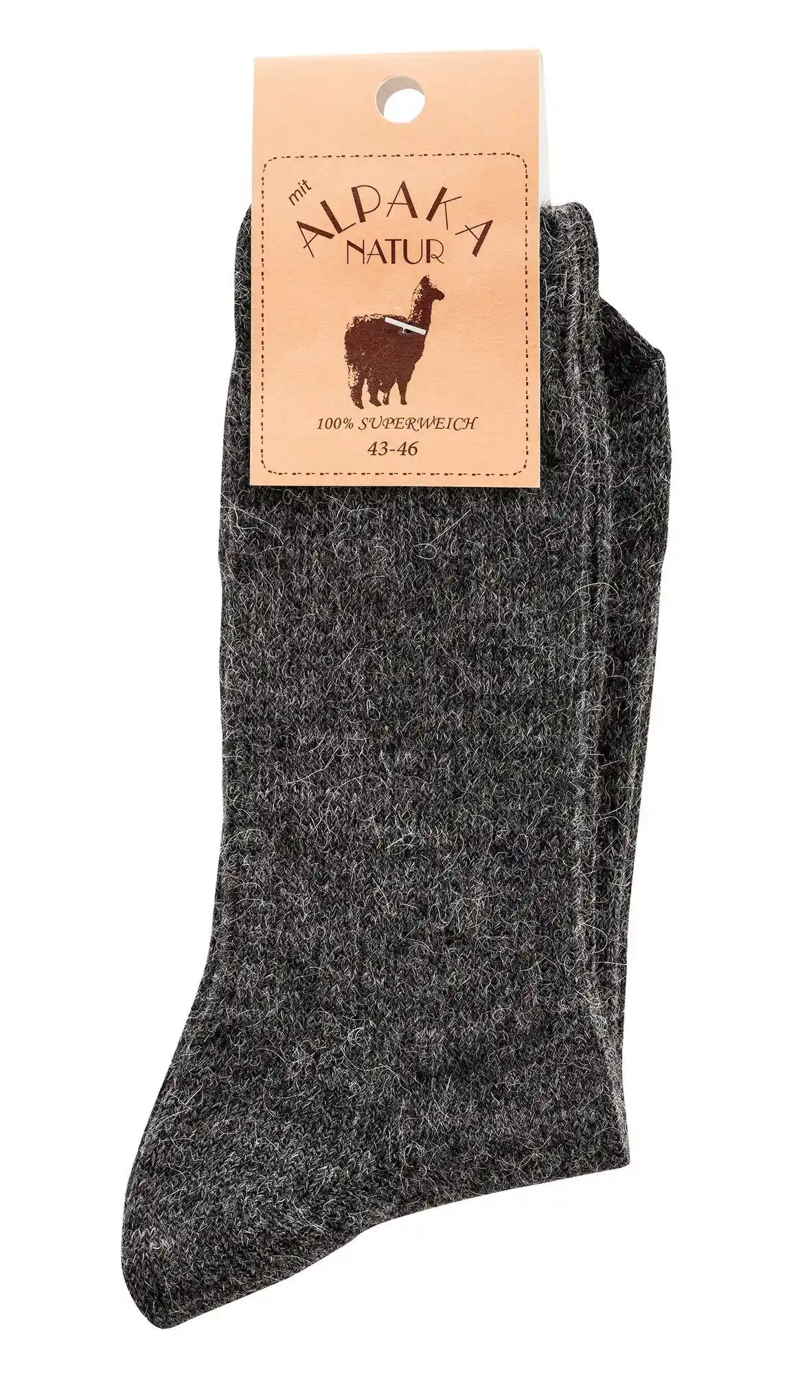 Wollsocken anthrazit melange als Paar mit Etikett ‚ALPAKA NATUR‘ – wärmende Wollmischung