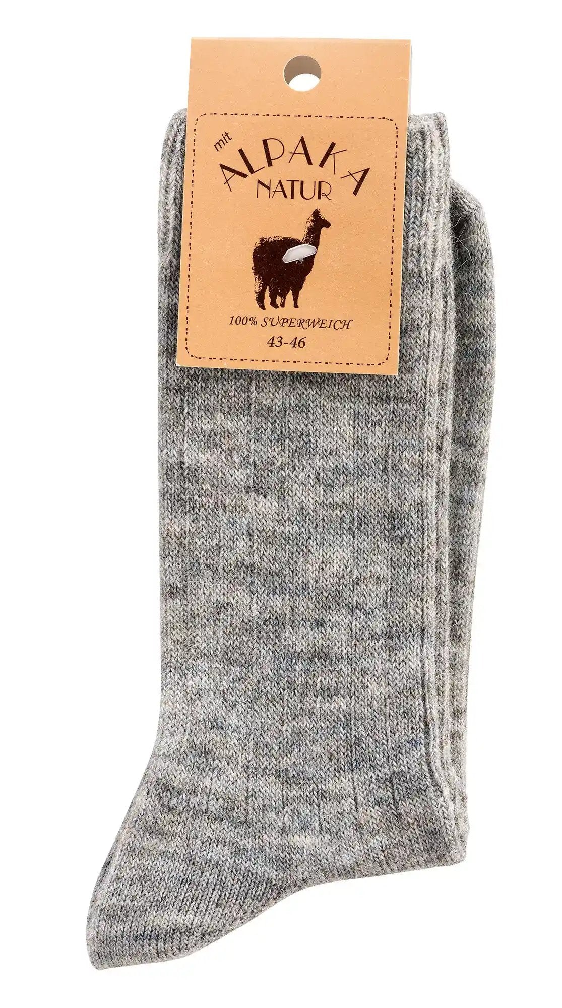 Wollsocken grau melange als Paar mit Etikett ‚ALPAKA NATUR‘ – weiche, melierte Struktur
