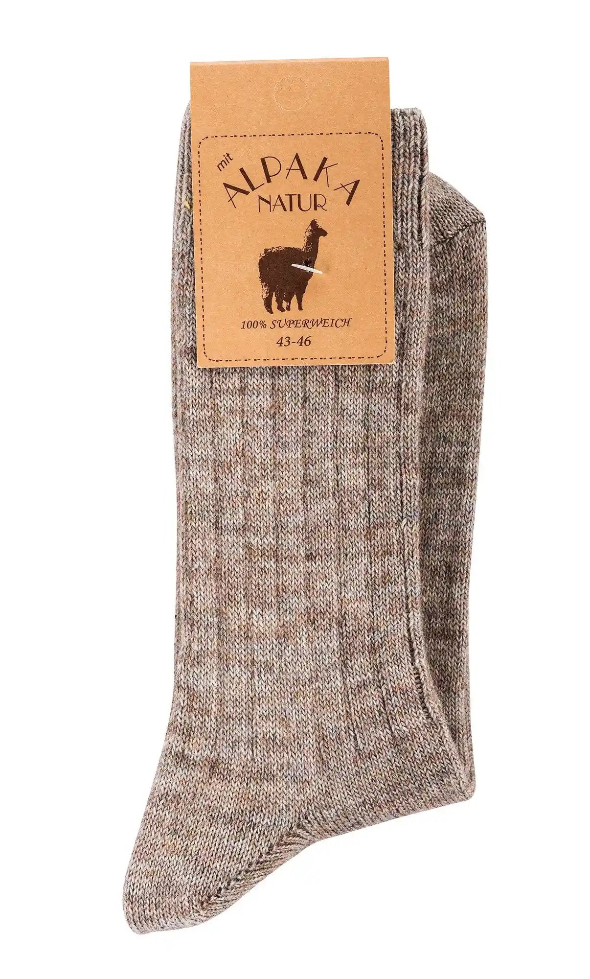 Wollsocken beige melange als Paar mit Etikett ‚ALPAKA NATUR‘ – unisex, alltagstaugliche Stärke