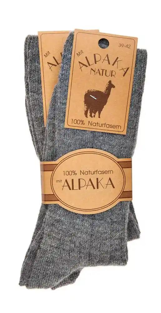 Graue warme Socken mit 65% Schafwolle und 35% Alpakawolle, mit Alpaka Natur Etikett in beige, Groesse 39-42, 2 oder 4 Paar Socken aus 100% Naturfasern