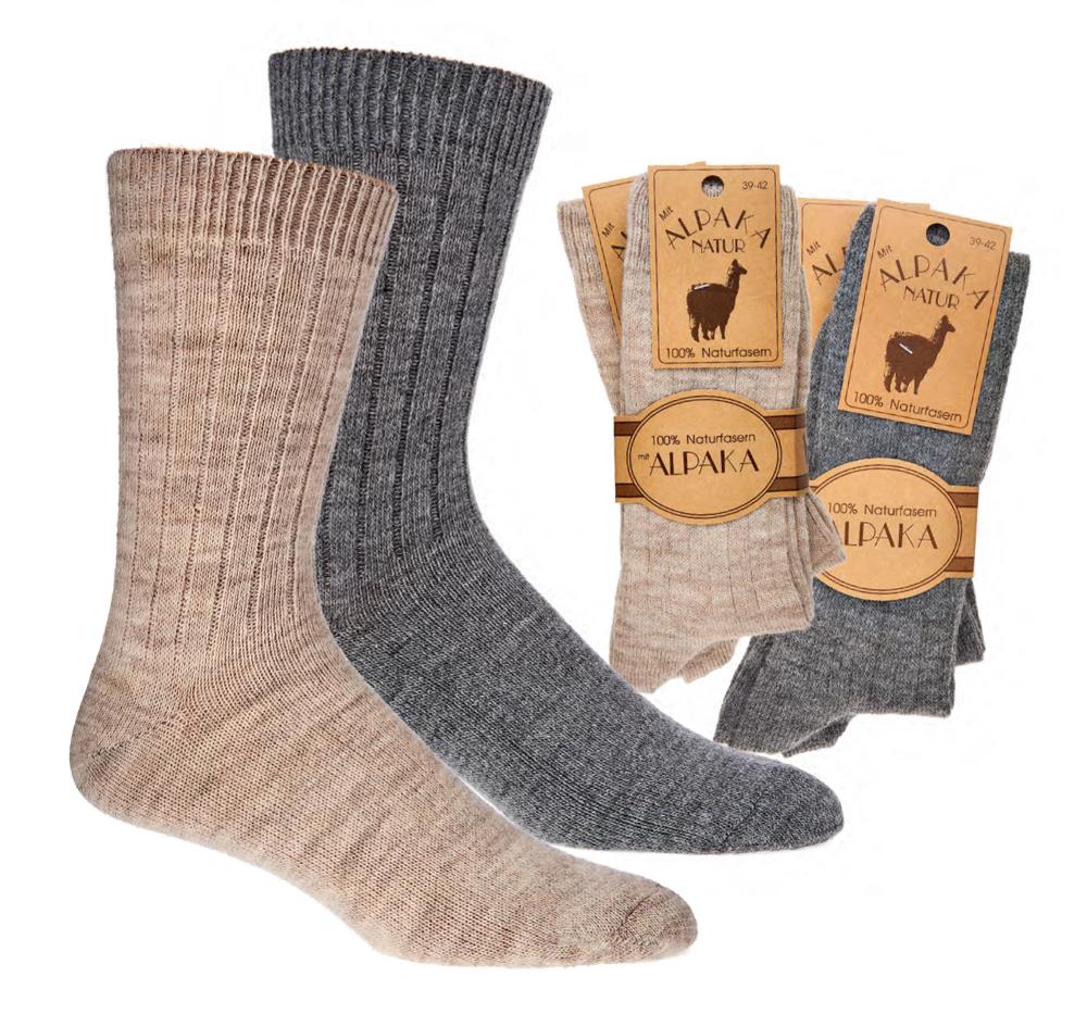 Warme Socken mit 65% Schafwolle und 35% Alpakawolle in beige und grau, geripptes Strickmuster, 2 oder 4 Paar Set mit Original-Alpakawolle-Etikett