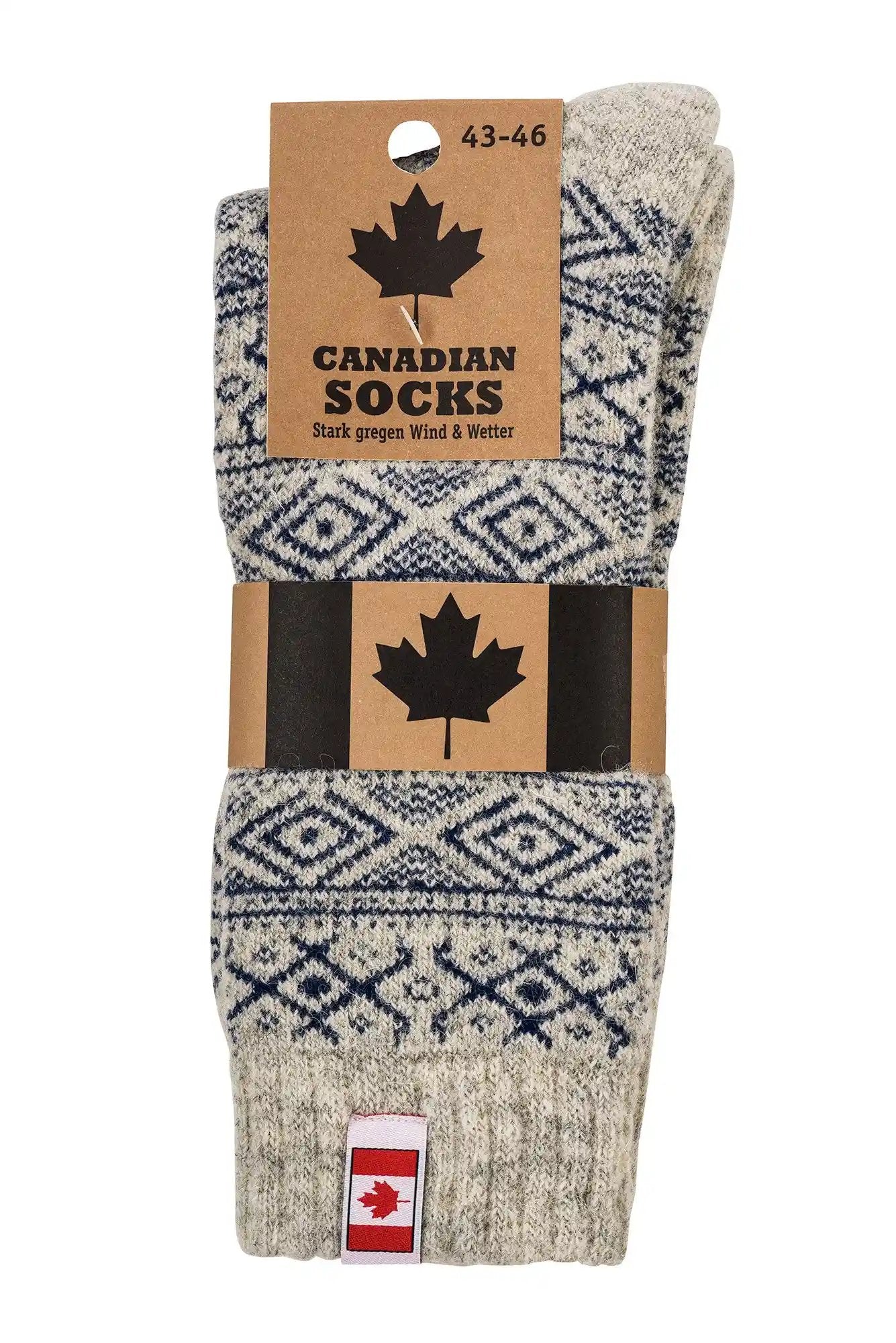 THERMO Norweger Socken mit traditionellem grau-blauem Norwegermuster, Canadian Socks Verpackung und Ahornblatt-Logo, warme Wollsocken für Damen, Herren und Kinder in Größe 43-46